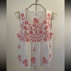 Crown & Ivy White Blouse with Coral Embroidery